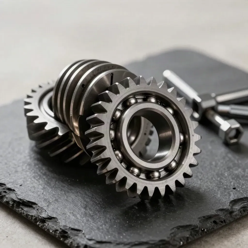 Oil-darkened gear blanks and socket tools on black stone, lit dramatically in a premium still life.