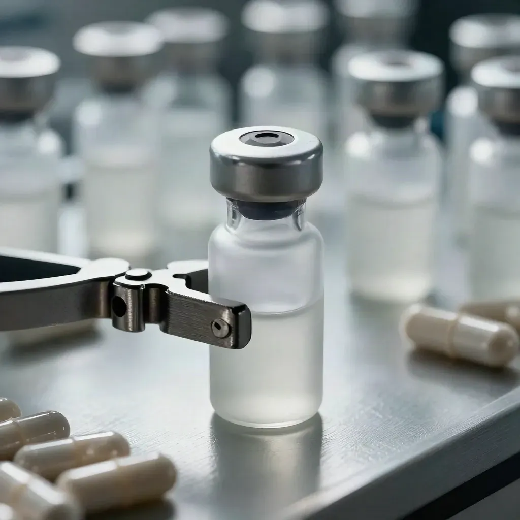 Frosted vials and cartridges on brushed metal, with a clamp and a just-tightened cap.