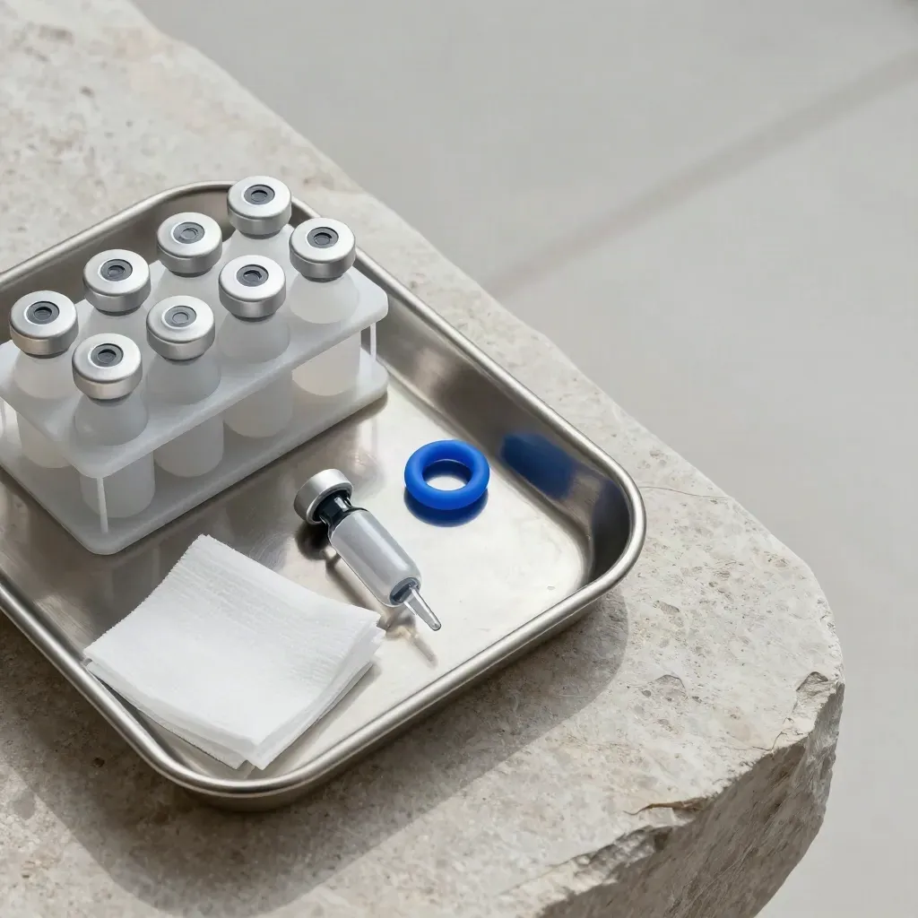 Top-down still life of a stainless tray, ampoule caps, and vial rack on pale stone.