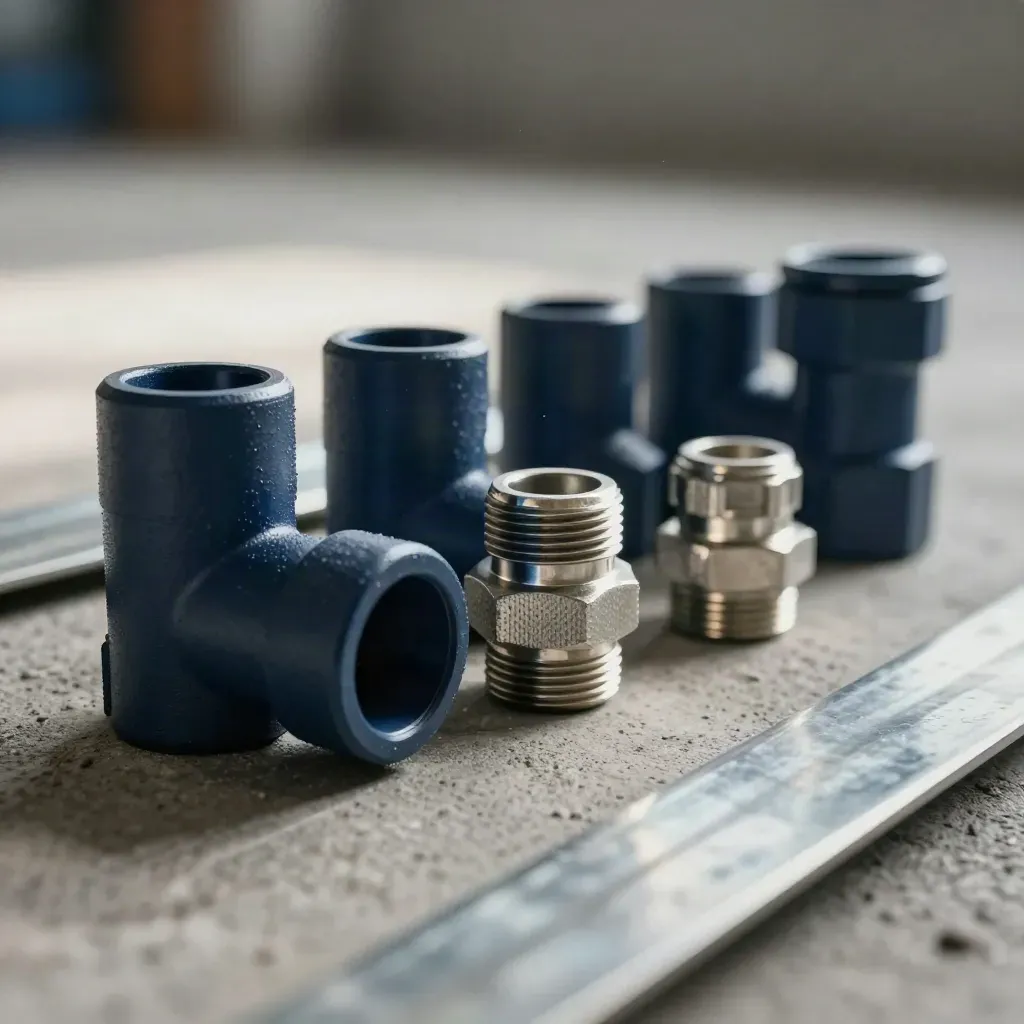 Navy conduit fittings on rough concrete, viewed through blurred galvanised steel