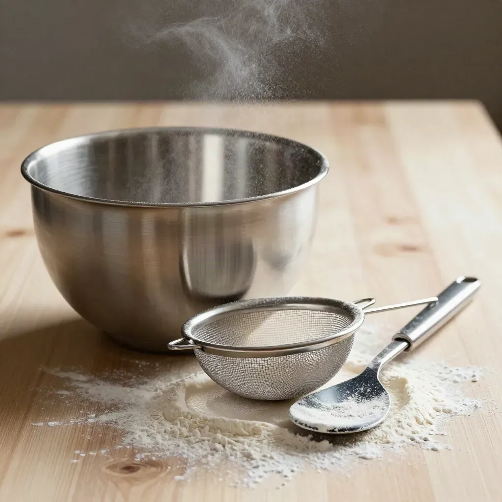 Flour-dusted mixing bowl, sieve, spoon and scraper on pale wood in dramatic studio light.