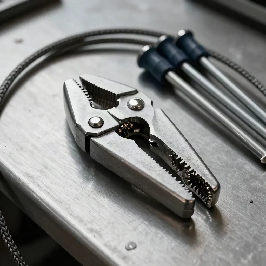 Macro of anodised clamps, survey pegs and a braided cord on brushed grey metal.