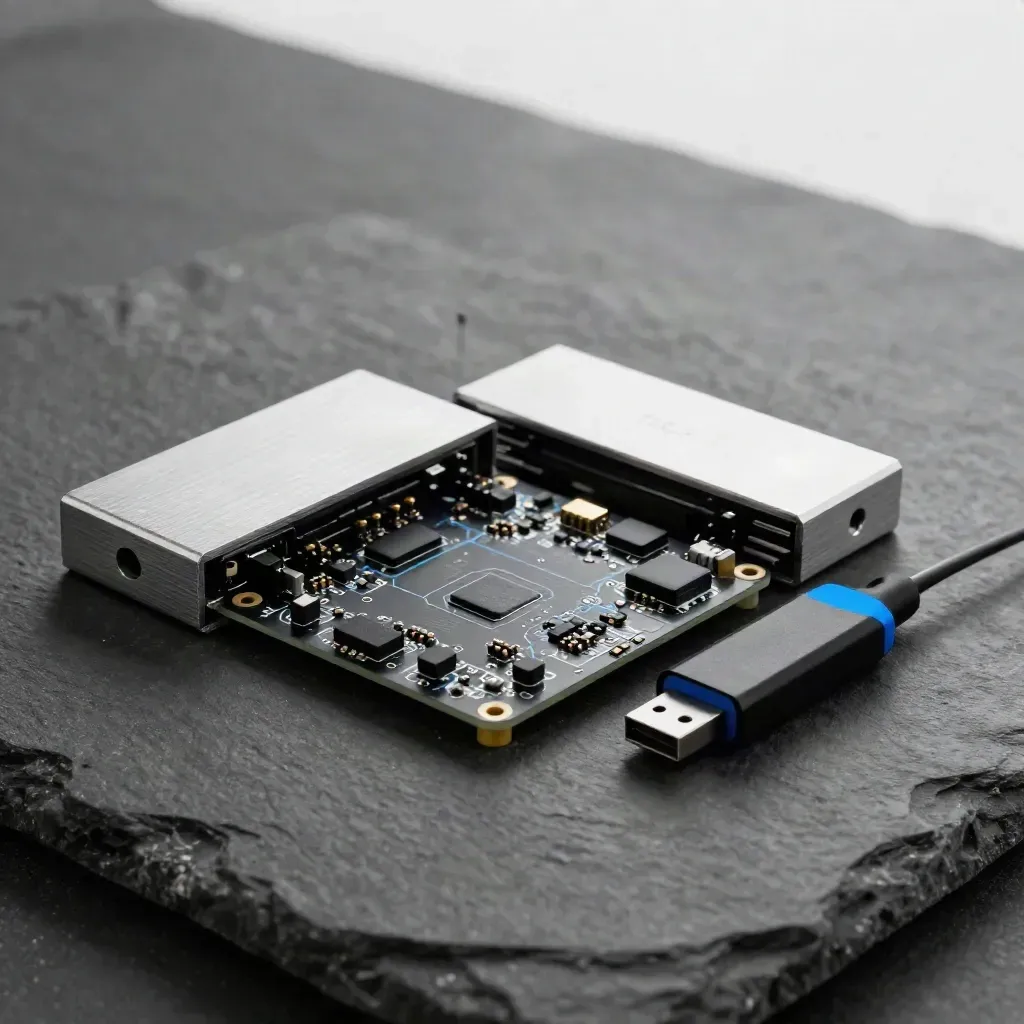 PCB, aluminium enclosure, USB dongle and standoffs on charcoal stone in soft side light.