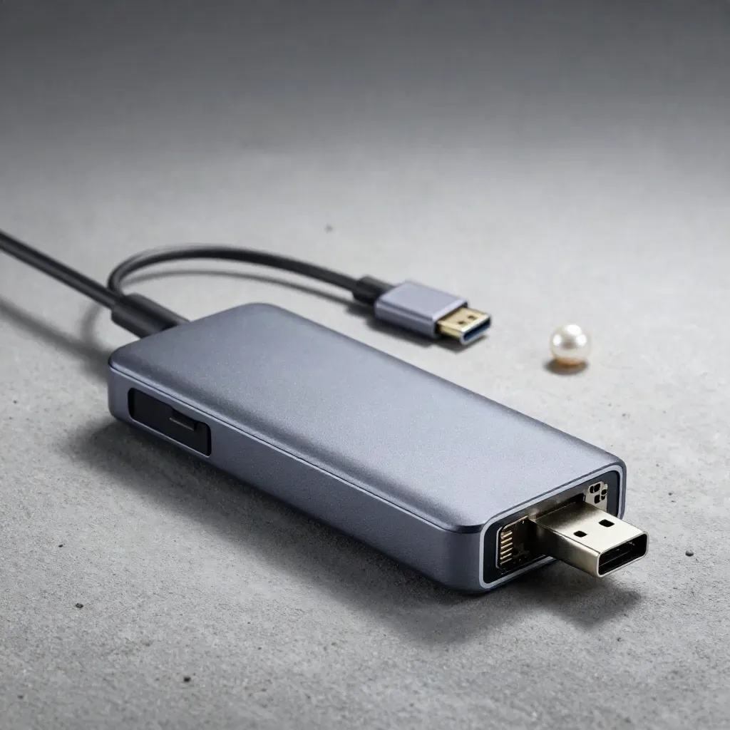 USB-C docking hub, ethernet adapter, and memory sticks on pale concrete