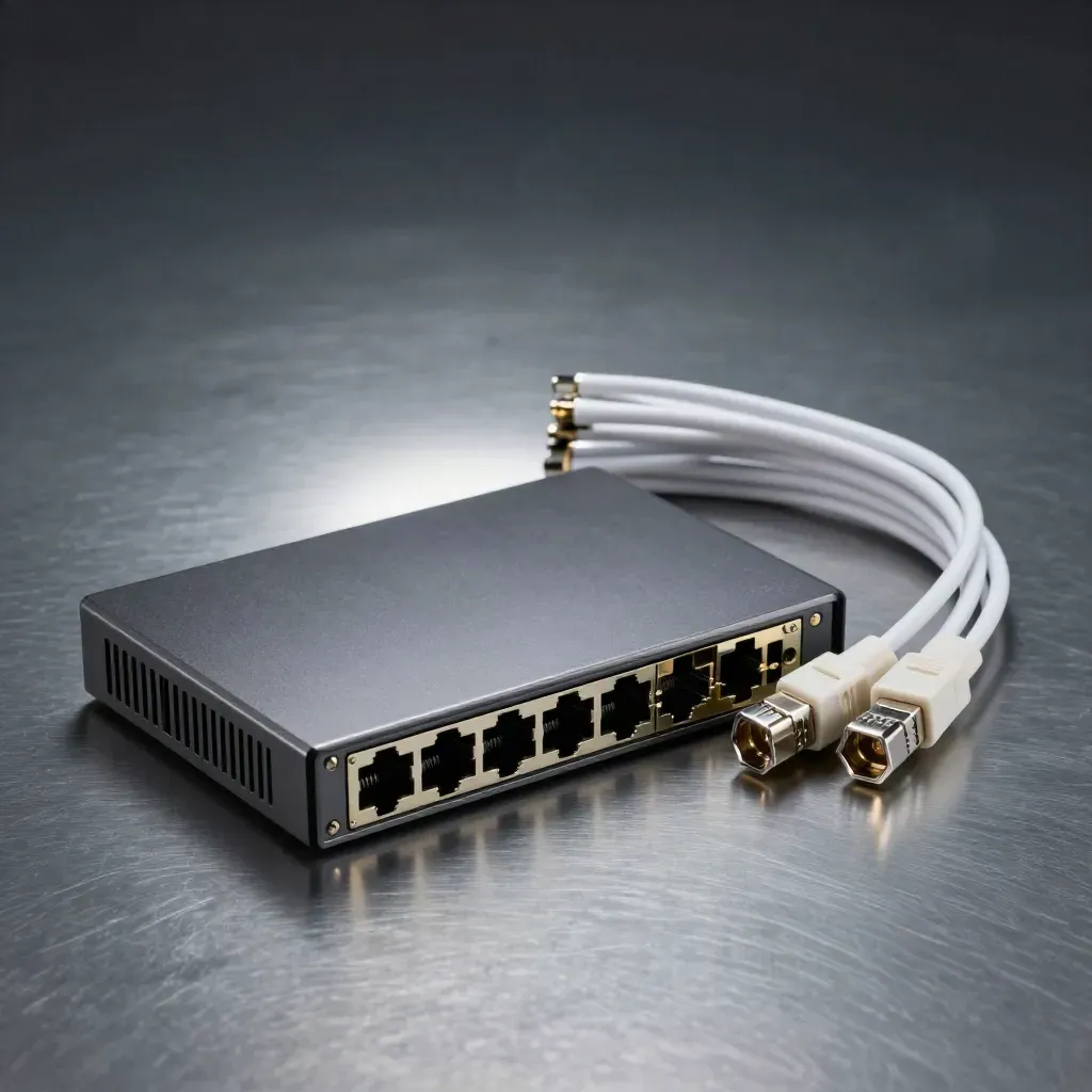 Edge router, fibre couplers and white patch lead on brushed aluminium, lit in macro detail.