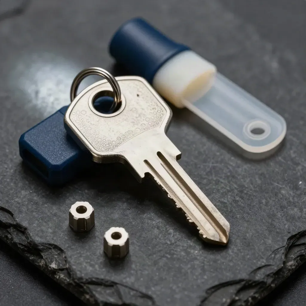 Overhead macro of a hardware security key with port blockers and a seal tab on dark stone.