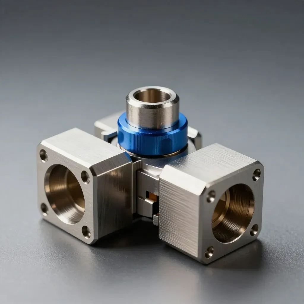 Machined couplers and terminal blocks aligned on brushed metal with a blue accent.