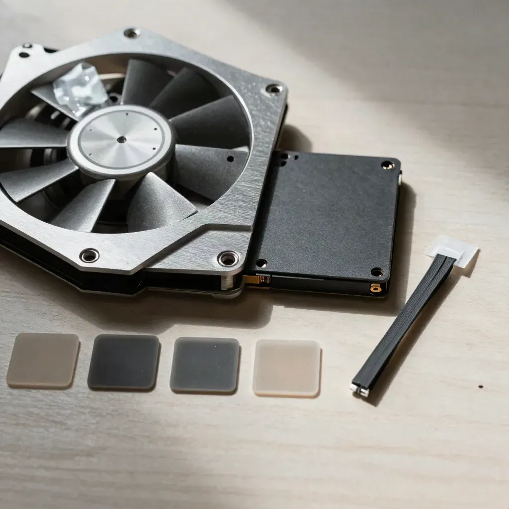 Top-down macro of a fan module, SSD caddy, thermal pads and cable ties on pale wood.