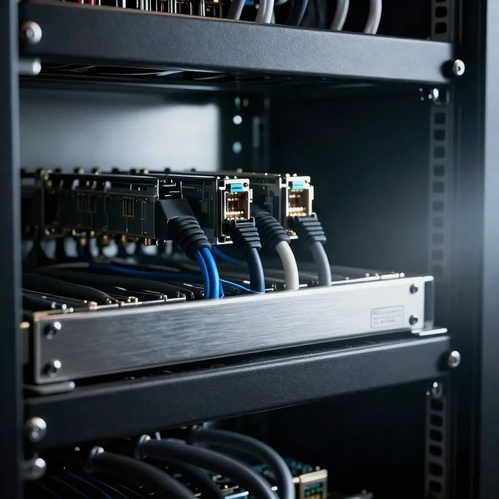 Rack rail with SFP modules, patch leads, and a blank plate in a server bay