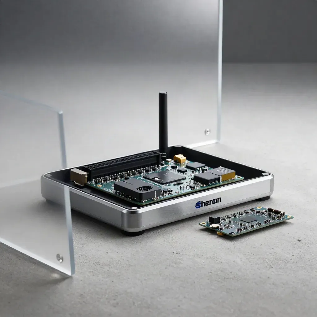 Opened prototype case with PCB, single-board computer and router puck on concrete, seen through frosted acrylic