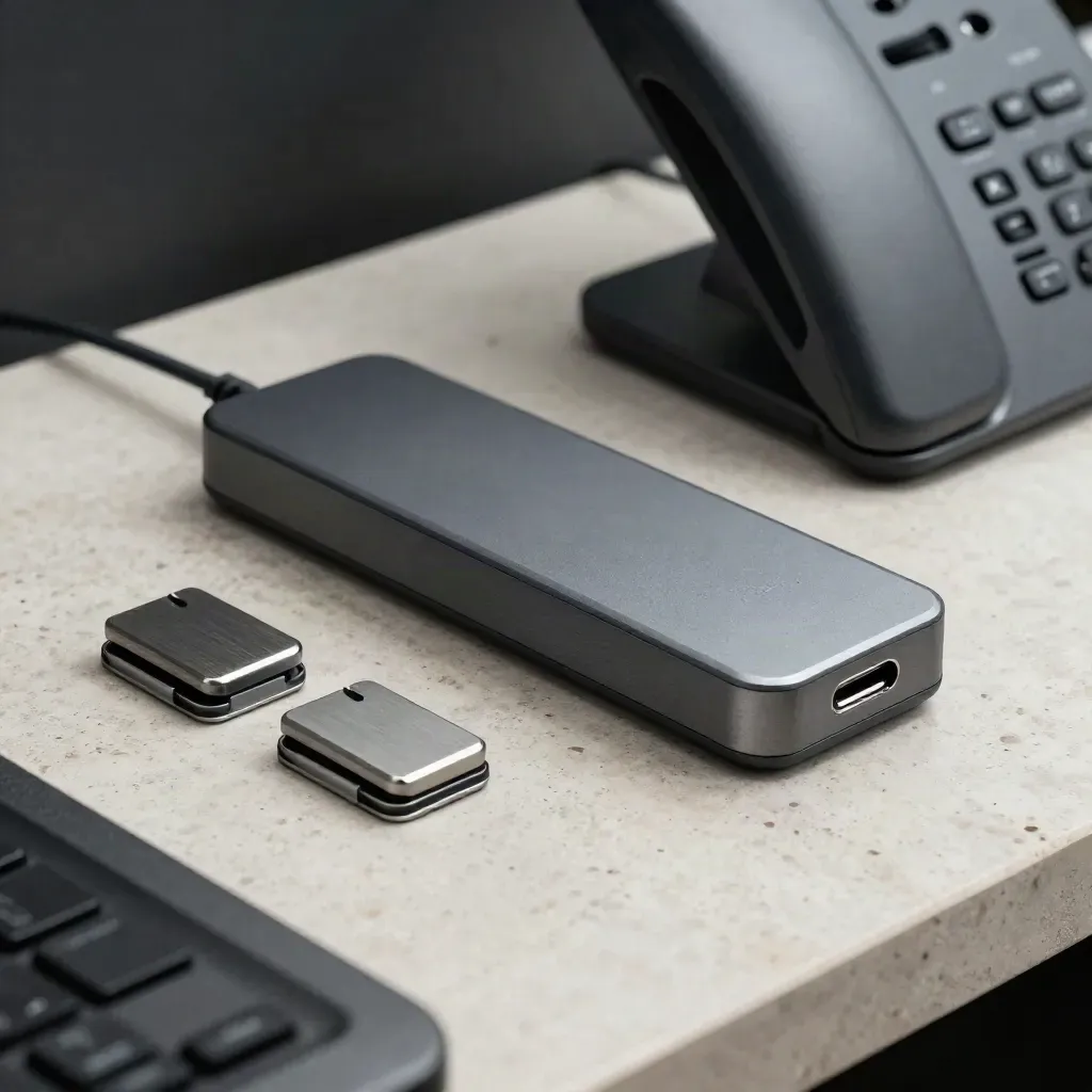 Top-down office tech still life: dock, receiver, cable clips and phone cradle on pale stone.