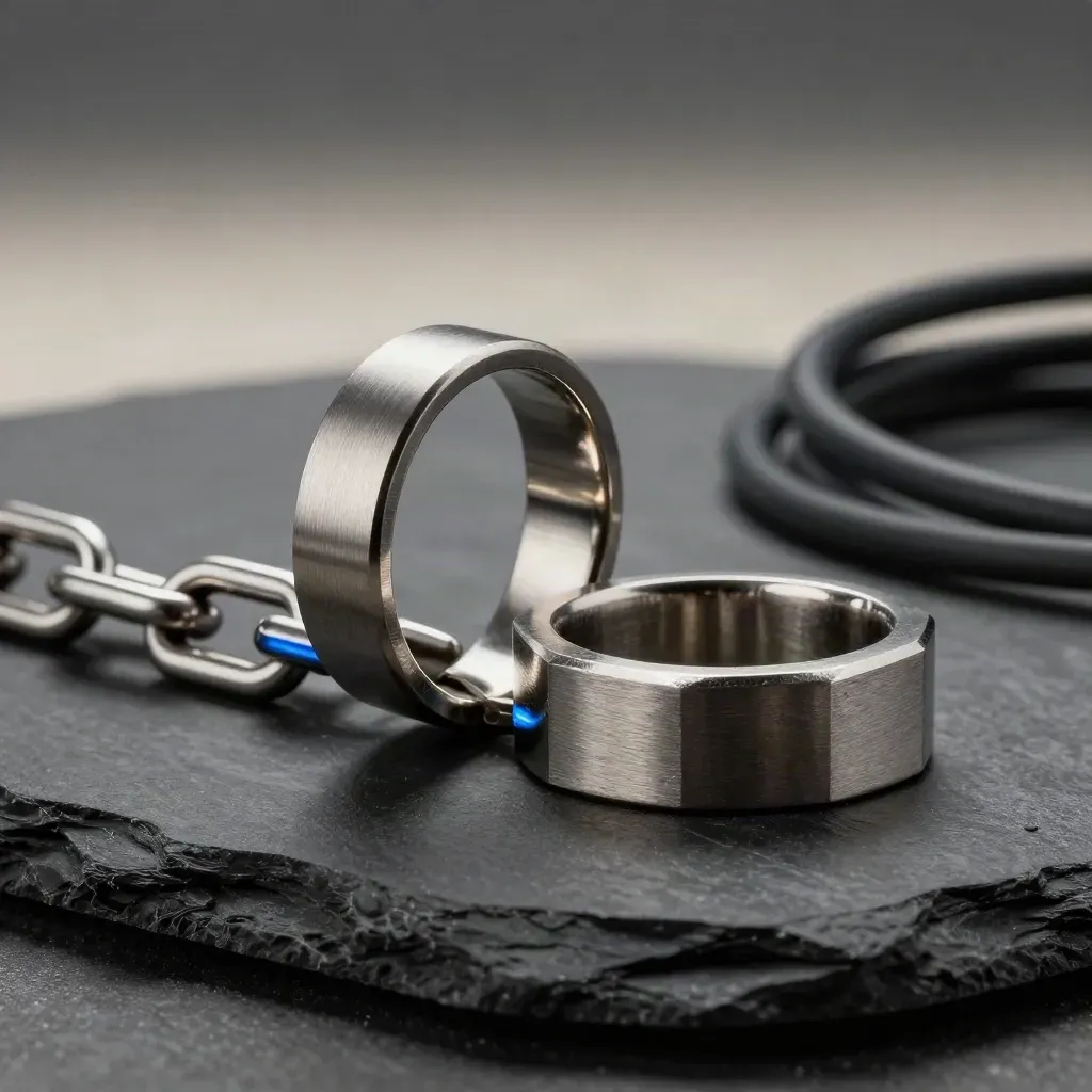 Linked steel rings, machined blocks and a blue cable loop on dark stone, lit dramatically.