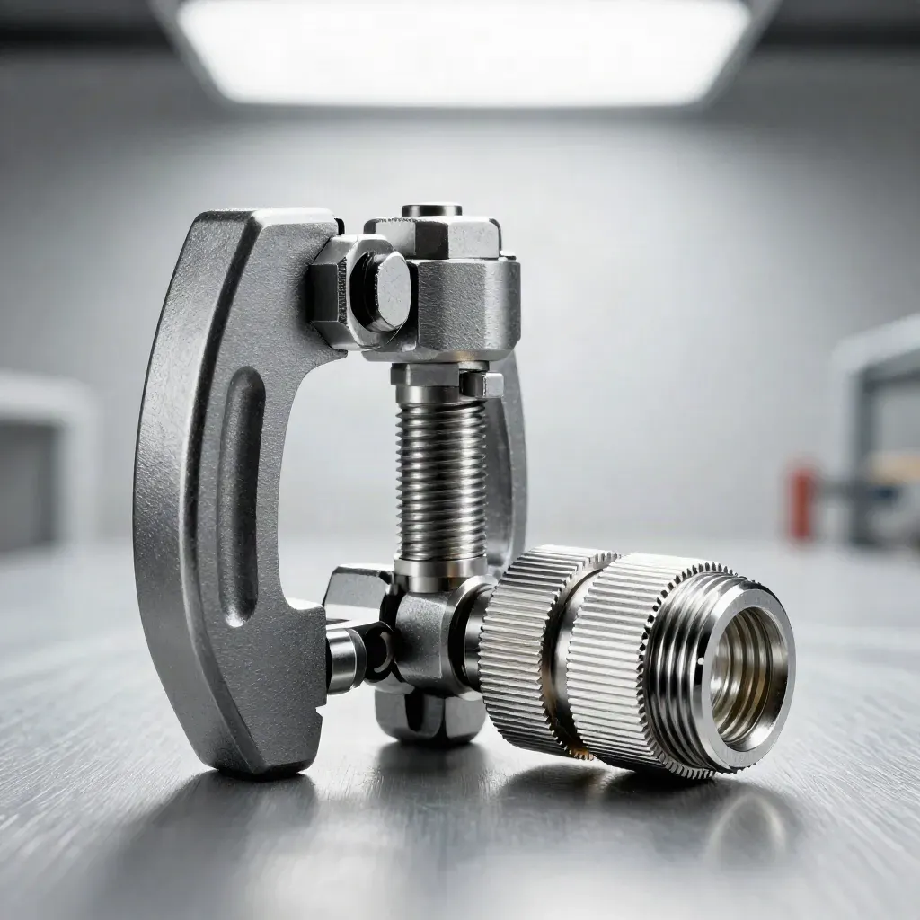 Macro of precision clamping jaws and a threaded connector sleeve on pale brushed metal.