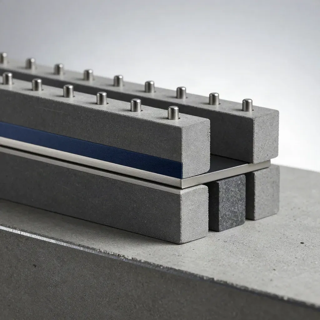 Stacked modular blocks and alignment pins on brushed concrete, lit with a subtle navy accent.