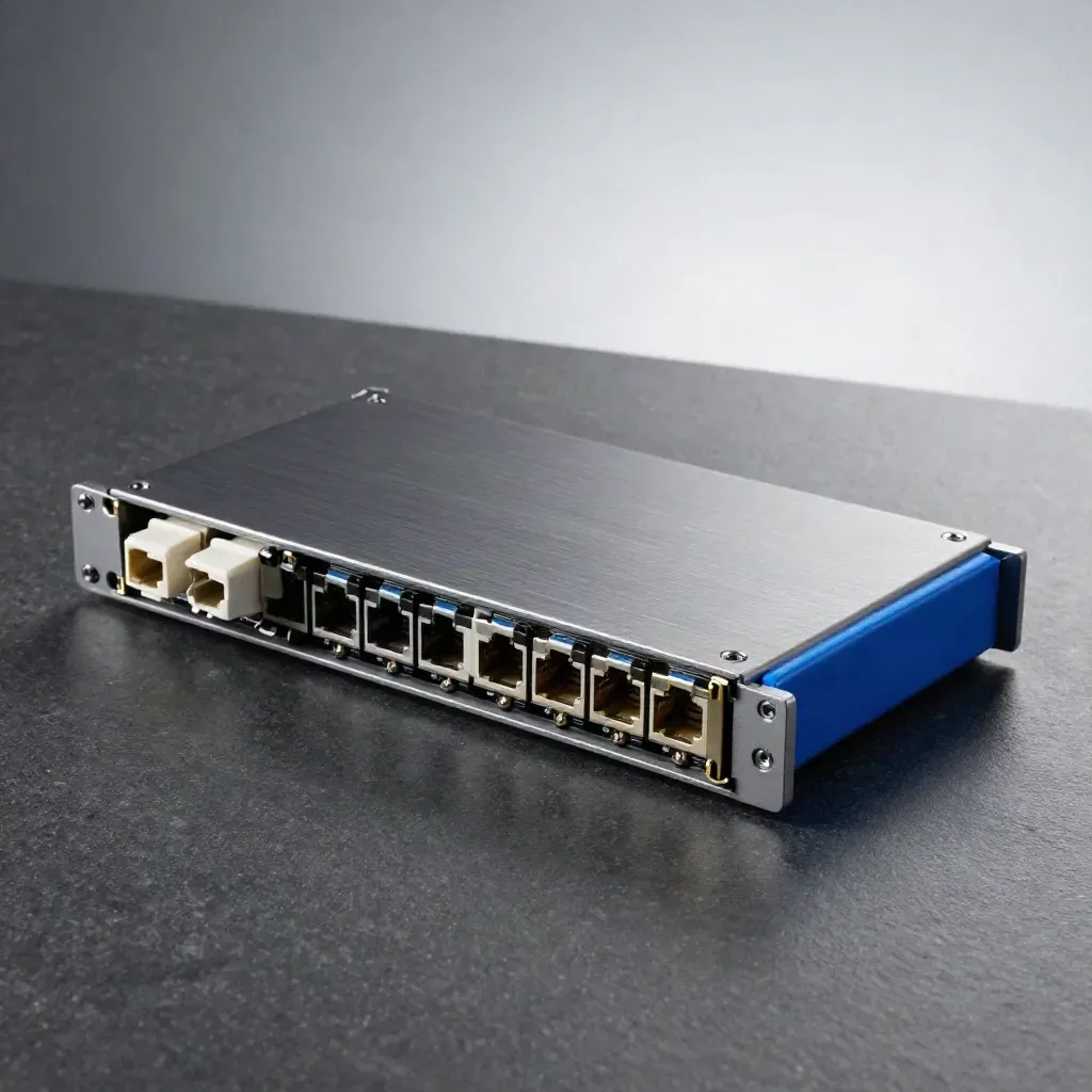 Server blade, fibre couplers, and rack rail on graphite stone under dramatic studio light.