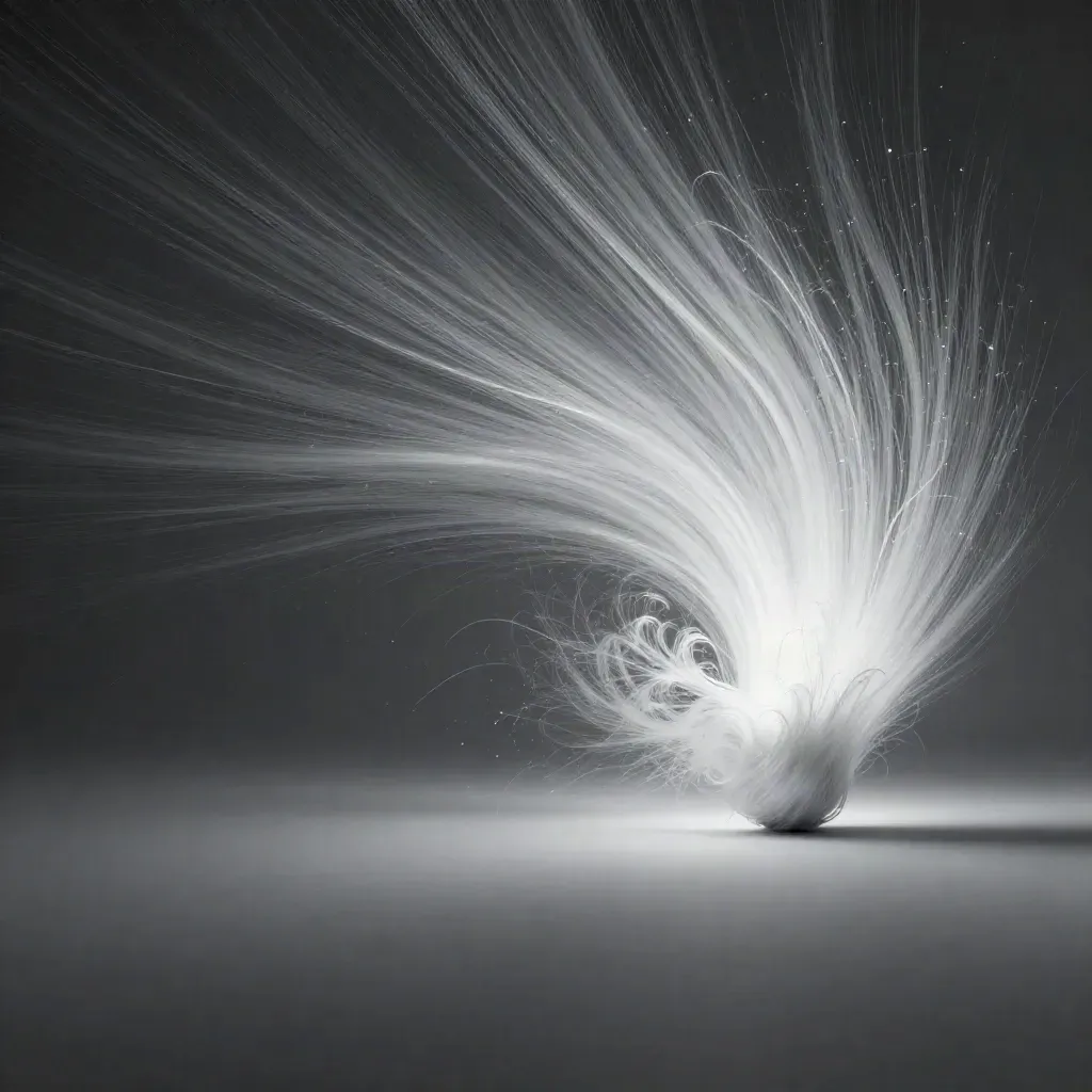 Silver filaments and a white bloom in dark graphite haze, calm empty space for copy.